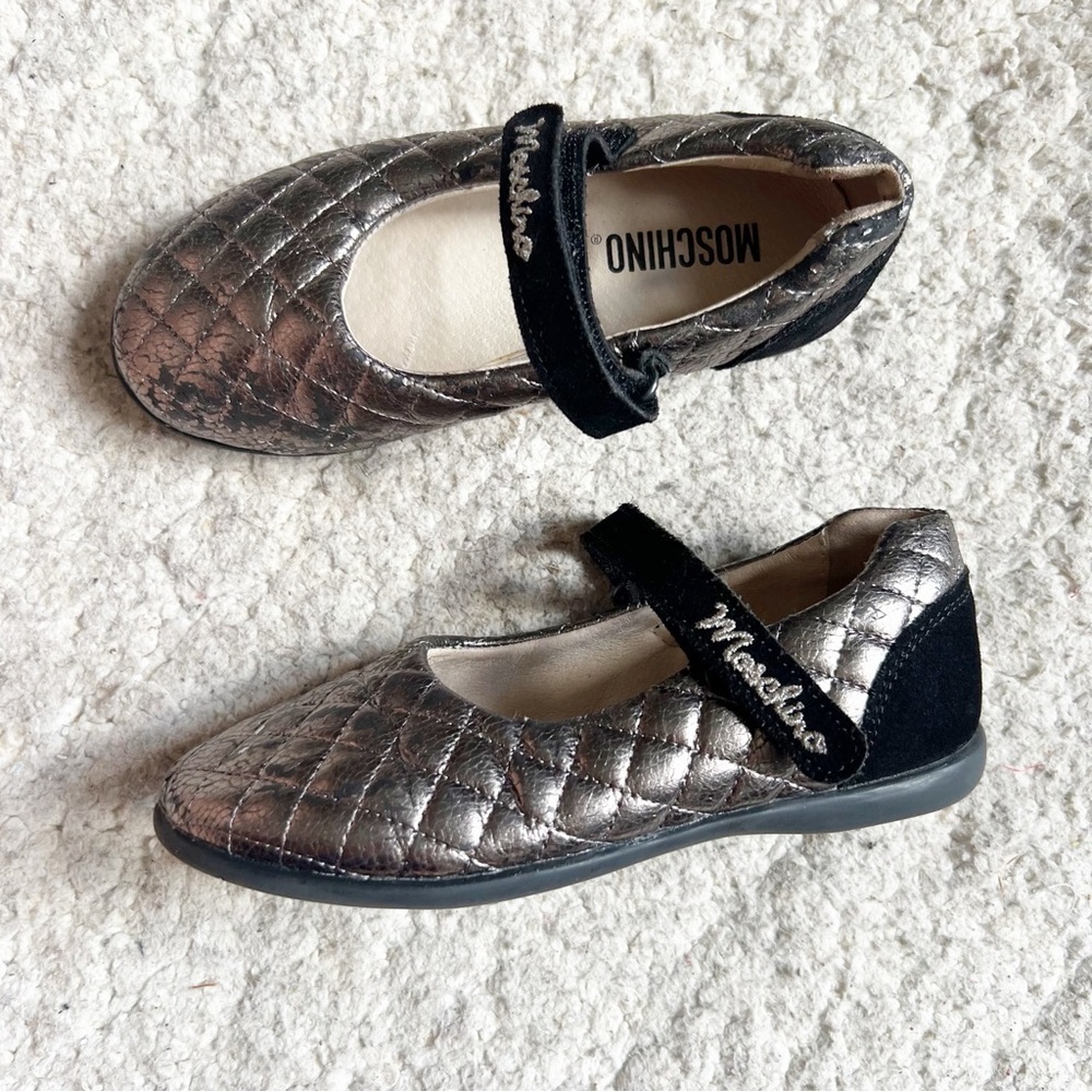 Moschino: Kid's Trending Fashion Quilted Metallic Black Leather Mary Janes Sz 28